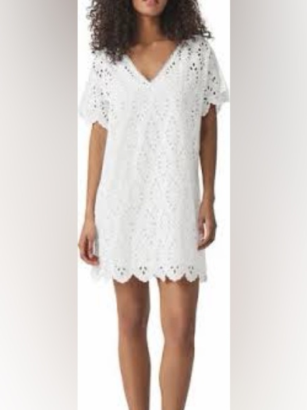 Ralph Lauren White Eyelet V-Neck Dress with Scallop Detail